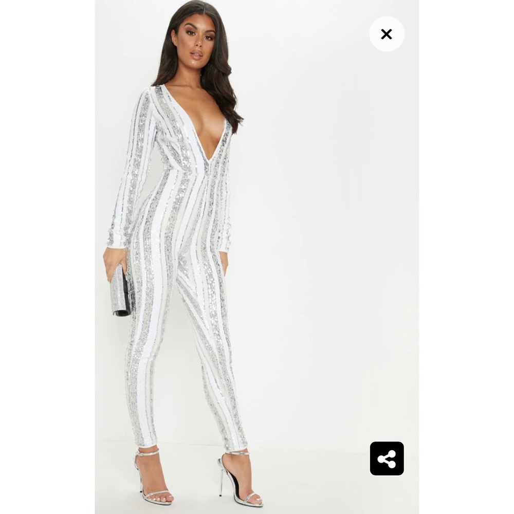 Silver Sequin Stripe Mesh Long Sleeve Jumpsuit